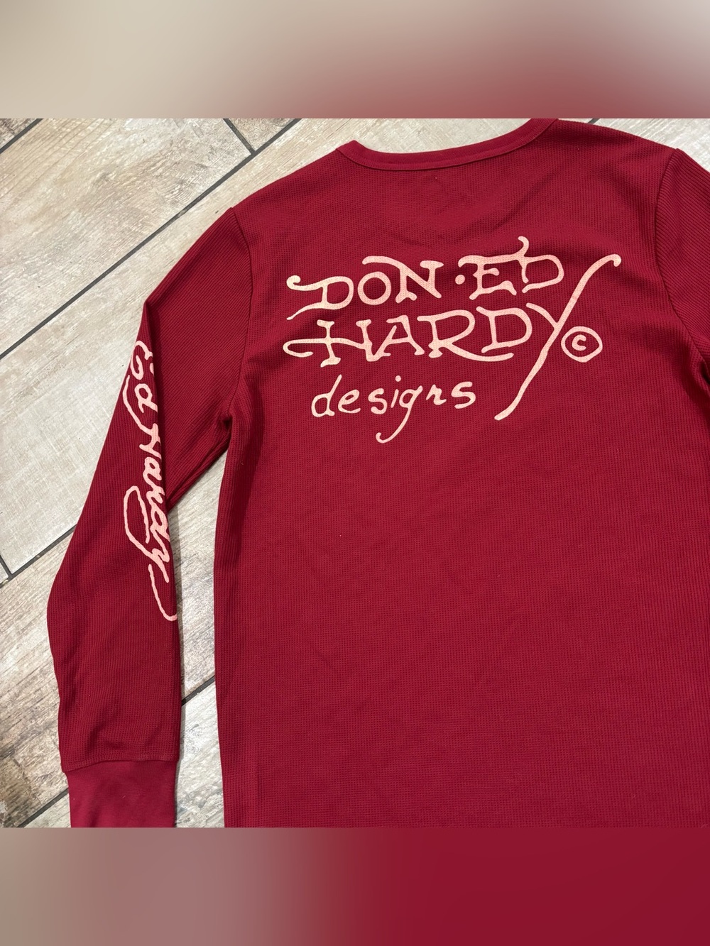 Ed Hardy Y2K Style Thermal Long Sleeve Mens S Burgundy Tiger Tattoo Waffle Knit - Picture 6 of 6
